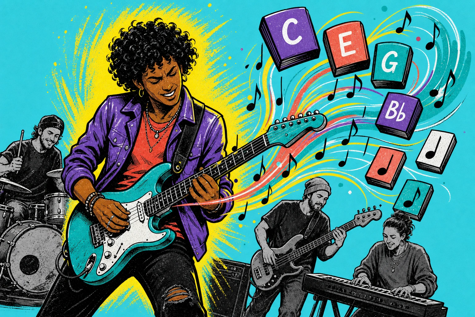 A featured guitarist plays with a band while notes and chord blocks fly from the instrument