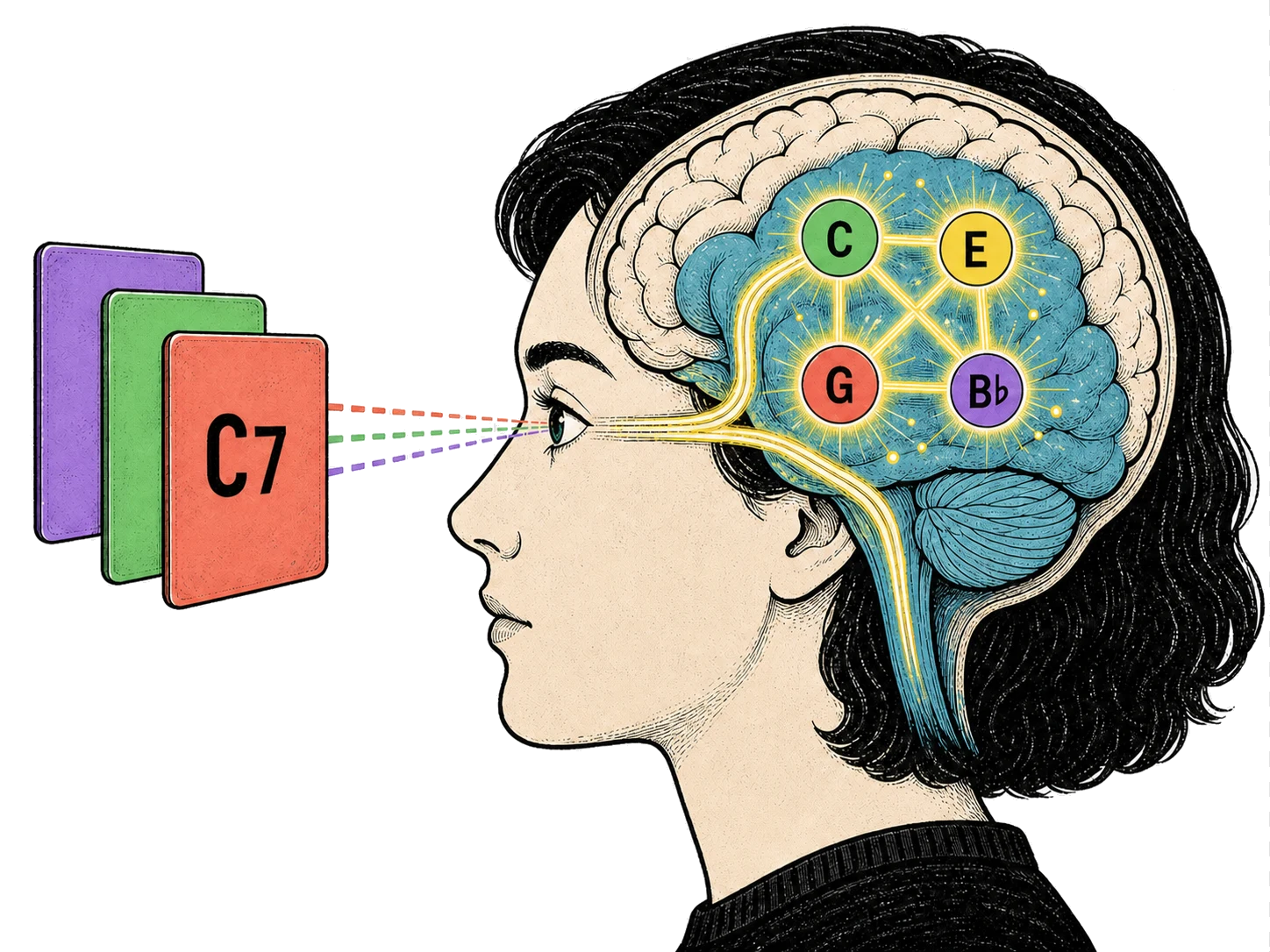 A medical-style profile illustration showing a C7 card activating the chord tones C, E, G, and B-flat in the brain