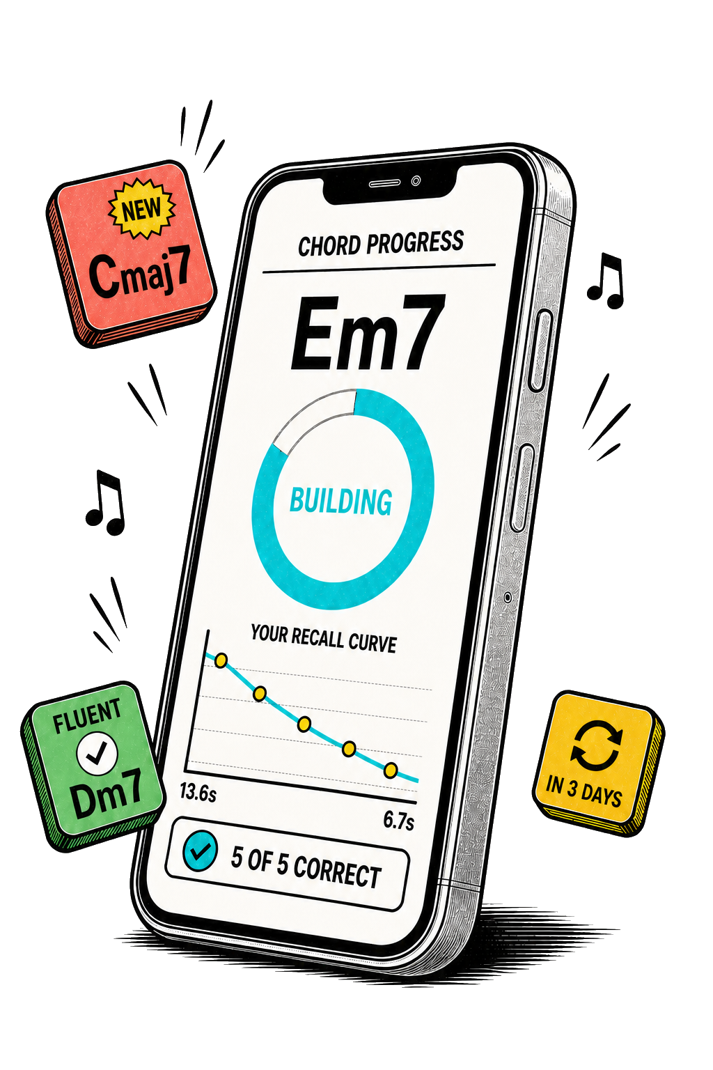 A hand-inked UltraChord progress screen showing Em7 recall time improving from 13.6 seconds to 6.7 seconds, with new, fluent, and next-review chord tiles floating around it